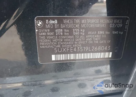 2009 BMW X5 xDrive30I from USA, damaged, VIN 5UXFE43519L268043